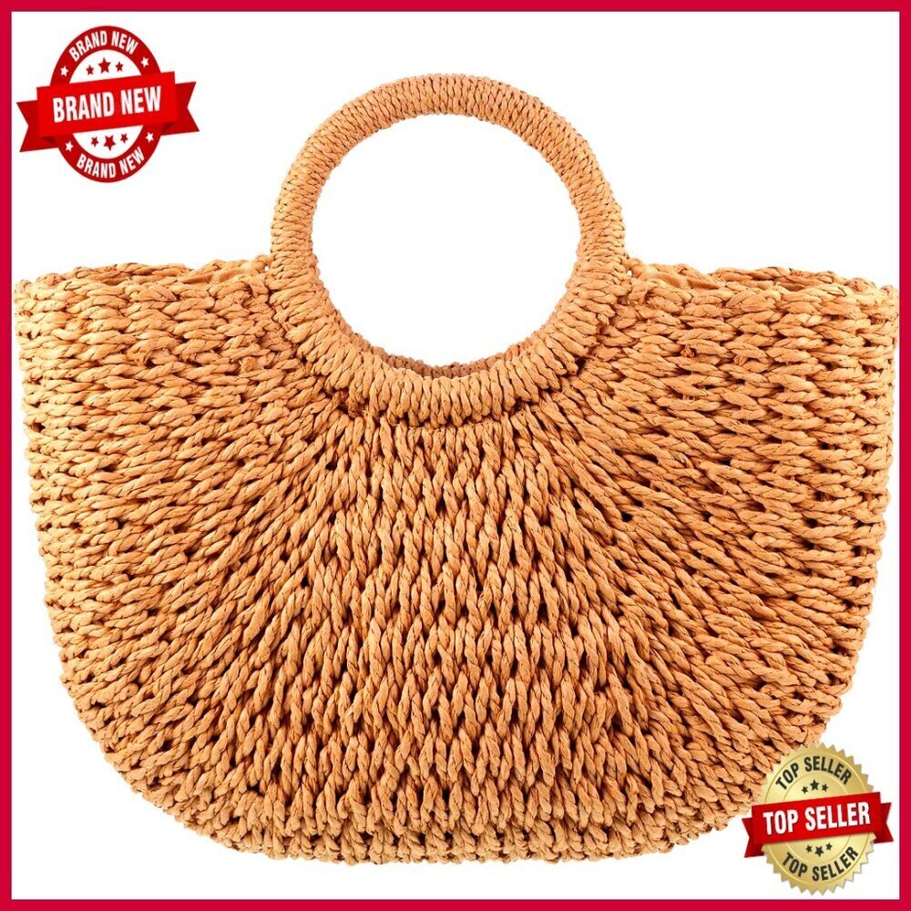 Large Straw Tote Bag with Drawstring Closure, Rattan Woven Handbag for Beach